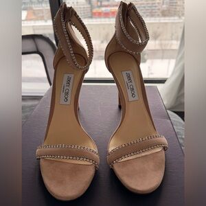 Never worn Jimmy Choo Beige Suede Crystal-Embellished Ankle-Wrap Sandals